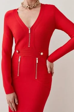 Karen Millen Bandage Knit V Neck And Zip Long Sleeve Midi Dress -Karen Millen shop red bandage knit v neck and zip long sleeve midi dress 3
