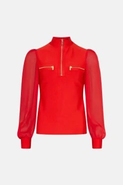 Karen Millen Chiffon Sleeve Zip Neck Bandage Top -Karen Millen shop red chiffon sleeve zip neck bandage top 3