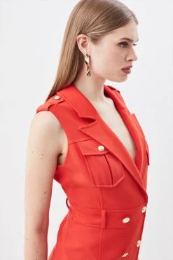 Karen Millen Compact Stretch Double Breasted Sleeveless Midi Dress -Karen Millen shop red compact stretch double breasted sleeveless midi dress 2