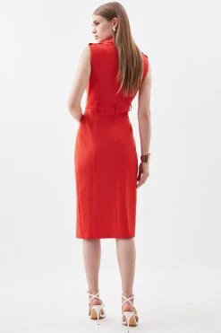 Karen Millen Compact Stretch Double Breasted Sleeveless Midi Dress -Karen Millen shop red compact stretch double breasted sleeveless midi dress 4