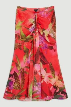 Karen Millen shop -Karen Millen shop red floral georgette ruched front midi skirt 1