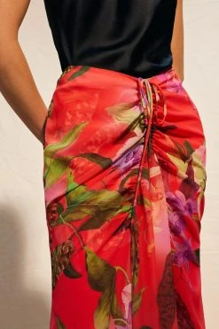 Karen Millen Red Floral Georgette Ruched Front Midi Skirt -Karen Millen shop red floral georgette ruched front midi skirt 2