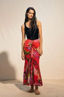 Karen Millen Red Floral Georgette Ruched Front Midi Skirt