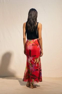 Karen Millen Red Floral Georgette Ruched Front Midi Skirt -Karen Millen shop red floral georgette ruched front midi skirt 3