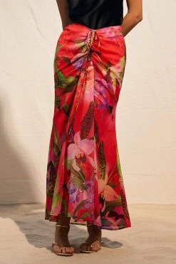 Karen Millen Red Floral Georgette Ruched Front Midi Skirt -Karen Millen shop red floral georgette ruched front midi skirt 4