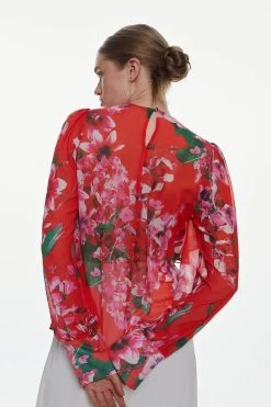 Karen Millen Floral Hydrangea Georgette Ruffle Detail Woven Blouse -Karen Millen shop red floral hydrangea georgette ruffle detail woven blouse 2