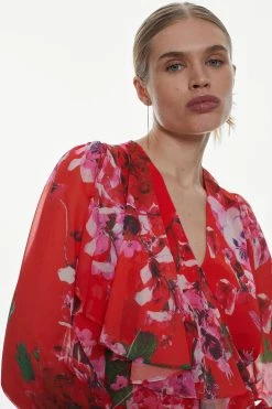 Karen Millen Floral Hydrangea Georgette Ruffle Detail Woven Blouse