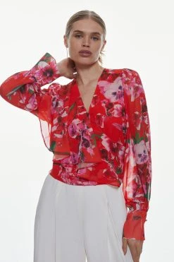 Karen Millen Floral Hydrangea Georgette Ruffle Detail Woven Blouse -Karen Millen shop red floral hydrangea georgette ruffle detail woven blouse 4