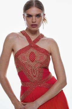 Karen Millen Geo Embellished Pleated Maxi Dress -Karen Millen shop red geo embellished pleated maxi dress 1