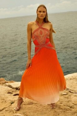 Karen Millen Geo Embellished Pleated Maxi Dress -Karen Millen shop red geo embellished pleated maxi dress 2