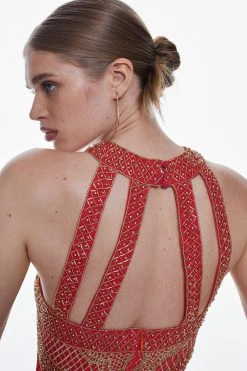 Karen Millen Geo Embellished Pleated Maxi Dress -Karen Millen shop red geo embellished pleated maxi dress 3