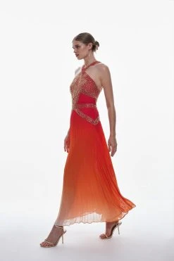 Karen Millen Geo Embellished Pleated Maxi Dress -Karen Millen shop red geo embellished pleated maxi dress 4