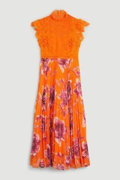 Karen Millen Guipure Lace Mirrored Floral Pleat Midi Dress
