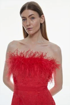 Karen Millen Lace Feather Bardot Woven Midi Dress -Karen Millen shop red lace feather bardot woven midi dress 1