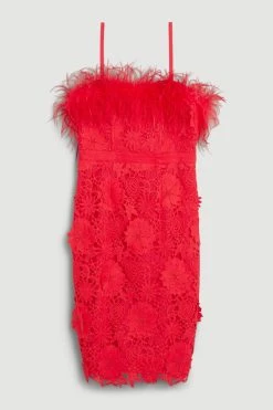 Karen Millen Lace Feather Bardot Woven Midi Dress -Karen Millen shop red lace feather bardot woven midi dress 2