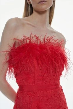 Karen Millen Lace Feather Bardot Woven Midi Dress -Karen Millen shop red lace feather bardot woven midi dress 3
