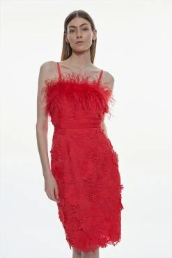 Karen Millen Lace Feather Bardot Woven Midi Dress -Karen Millen shop red lace feather bardot woven midi dress 4