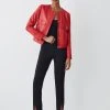 Karen Millen Leather Collarless Pocket Detail Jacket 1 Karen Millen Leather Collarless Pocket Detail Jacket -Karen Millen shop red leather collarless pocket detail jacket