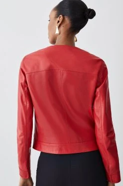 Karen Millen Leather Collarless Pocket Detail Jacket 10 Karen Millen Leather Collarless Pocket Detail Jacket -Karen Millen shop red leather collarless pocket detail jacket 2
