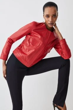 Karen Millen Leather Collarless Pocket Detail Jacket 11 Karen Millen Leather Collarless Pocket Detail Jacket -Karen Millen shop red leather collarless pocket detail jacket 3