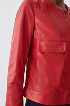 Karen Millen Leather Collarless Pocket Detail Jacket 12 Karen Millen Leather Collarless Pocket Detail Jacket -Karen Millen shop red leather collarless pocket detail jacket 4
