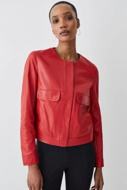 Karen Millen Leather Collarless Pocket Detail Jacket 13 Karen Millen Leather Collarless Pocket Detail Jacket -Karen Millen shop red leather collarless pocket detail jacket 5