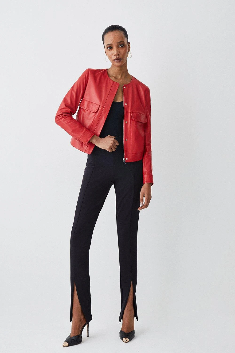 Karen Millen Leather Collarless Pocket Detail Jacket 3 Karen Millen Leather Collarless Pocket Detail Jacket