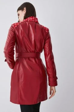 Karen Millen Leather & Tweed Mix Short Trench Coat -Karen Millen shop red leather tweed mix short trench coat 1 1