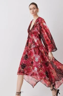 Karen Millen Mirrored Placed Floral Leather Trim Kimono Woven Midi Dress -Karen Millen shop red mirrored placed floral leather trim kimono woven midi dress 1