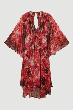 Karen Millen Mirrored Placed Floral Leather Trim Kimono Woven Midi Dress -Karen Millen shop red mirrored placed floral leather trim kimono woven midi dress 2