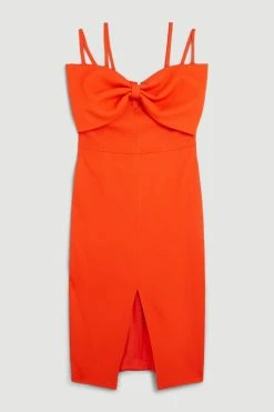 Karen Millen Italian Structured Rib Bow Bodice Midi Pencil Dress -Karen Millen shop red orange italian structured rib bow bodice midi pencil dress 2