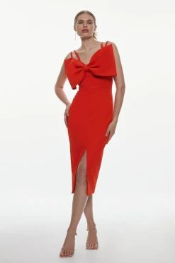Karen Millen Italian Structured Rib Bow Bodice Midi Pencil Dress -Karen Millen shop red orange italian structured rib bow bodice midi pencil dress 4