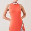 Karen Millen Petite Crystal Embellished Woven Mini Dress -Karen Millen shop red petite crystal embellished woven mini dress