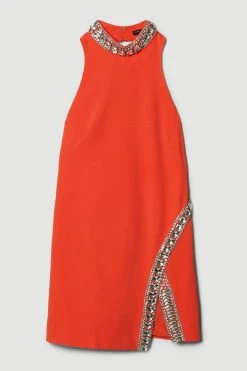 Karen Millen Petite Crystal Embellished Woven Mini Dress -Karen Millen shop red petite crystal embellished woven mini dress 4
