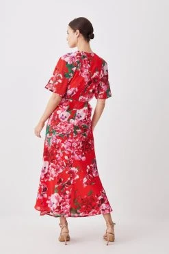 Karen Millen Petite Floral Hydrangea Georgette Woven Midi Dress
