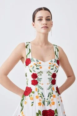 Karen Millen Petite Rose Embroidered Cotton Organdie Midi Dress -Karen Millen shop red petite rose embroidered cotton organdie midi dress 1