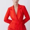 Karen Millen Petite Viscose Satin Crepe Feather Hem Double Breasted Tux Mini Dress -Karen Millen shop red petite viscose satin crepe feather hem double breasted tux mini dress