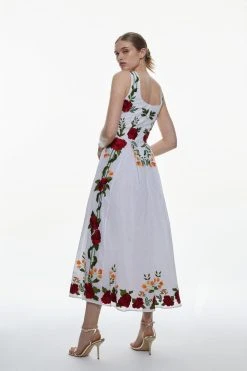 Karen Millen Rose Embroidered Cotton Organdie Midi Dress -Karen Millen shop red rose embroidered cotton organdie midi dress 3