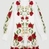 Karen Millen Rose Embroidered Cotton Organdie Mini Dress -Karen Millen shop red rose embroidered cotton organdie mini dress