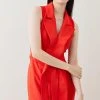 Karen Millen Satin Tux Collared Belted Midi Dress -Karen Millen shop red satin tux collared belted midi dress