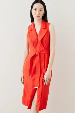 Karen Millen Satin Tux Collared Belted Midi Dress -Karen Millen shop red satin tux collared belted midi dress 2