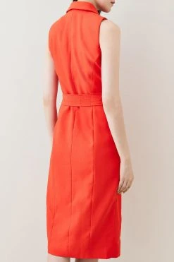 Karen Millen Satin Tux Collared Belted Midi Dress -Karen Millen shop red satin tux collared belted midi dress 3