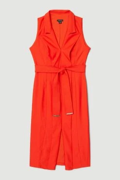 Karen Millen Satin Tux Collared Belted Midi Dress -Karen Millen shop red satin tux collared belted midi dress 4