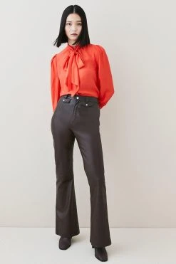 Karen Millen Silk Viscose Satin Pussy Bow Woven Shirt -Karen Millen shop red silk viscose satin pussy bow woven shirt 2