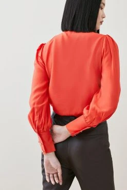 Karen Millen Silk Viscose Satin Pussy Bow Woven Shirt -Karen Millen shop red silk viscose satin pussy bow woven shirt 3