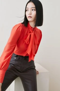 Karen Millen Silk Viscose Satin Pussy Bow Woven Shirt -Karen Millen shop red silk viscose satin pussy bow woven shirt 4
