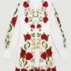 Karen Millen Tall Rose Embroidered Cotton Organdie Mini Dress -Karen Millen shop red tall rose embroidered cotton organdie mini dress