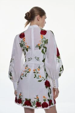 Karen Millen Tall Rose Embroidered Cotton Organdie Mini Dress -Karen Millen shop red tall rose embroidered cotton organdie mini dress 4