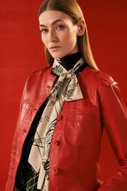 Karen Millen The Founder Leather Washed Button Through Collarless Jacket -Karen Millen shop red the founder leather washed button through collarless jacket 1 1
