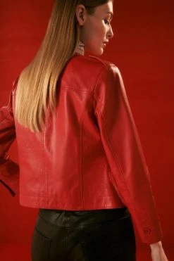 Karen Millen The Founder Leather Washed Button Through Collarless Jacket -Karen Millen shop red the founder leather washed button through collarless jacket 1 3